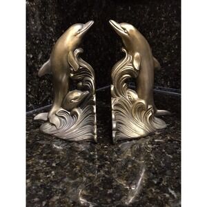 Vintage Brass Dolphin in Ocean‎ Waves Bookends Made in USA Nautical 1975